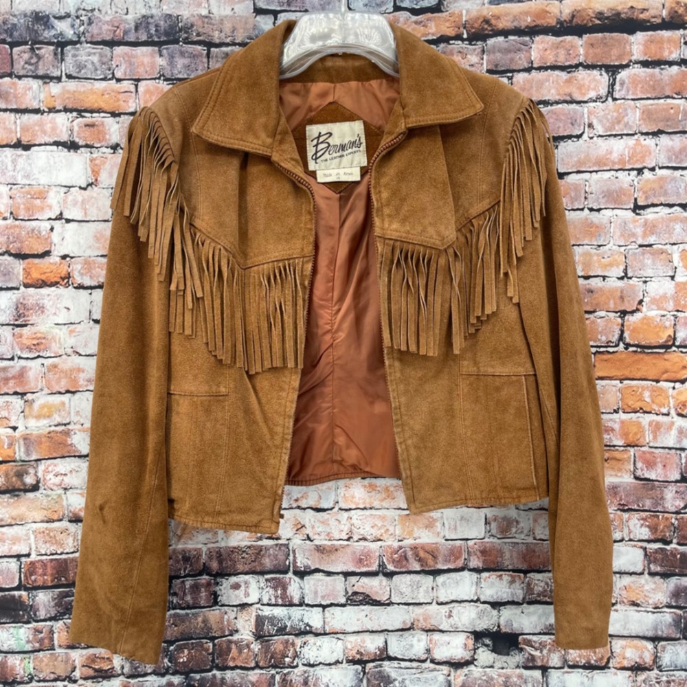 Berman's Vintage Western Leather Fringe Jacket Womens 14 Tan Suede Cropped 5920
